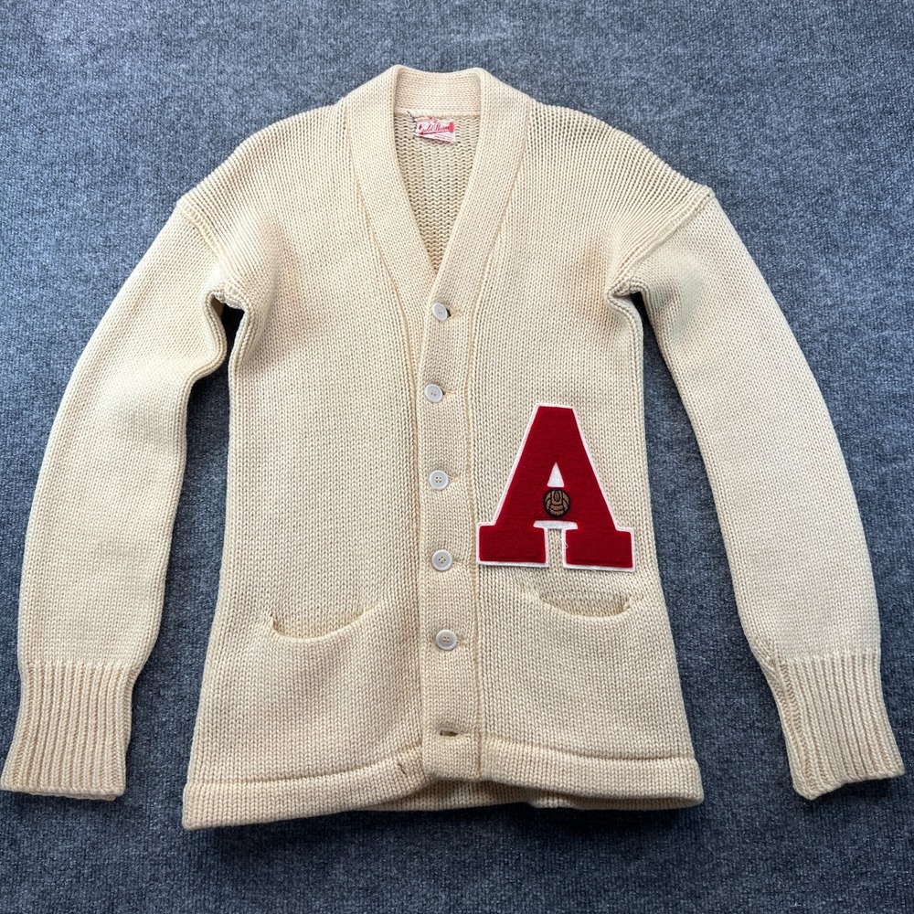 Vtg 50s 60s Gold Brand Wool Varsity Letterman Cardigan Sweater Cream Men Small